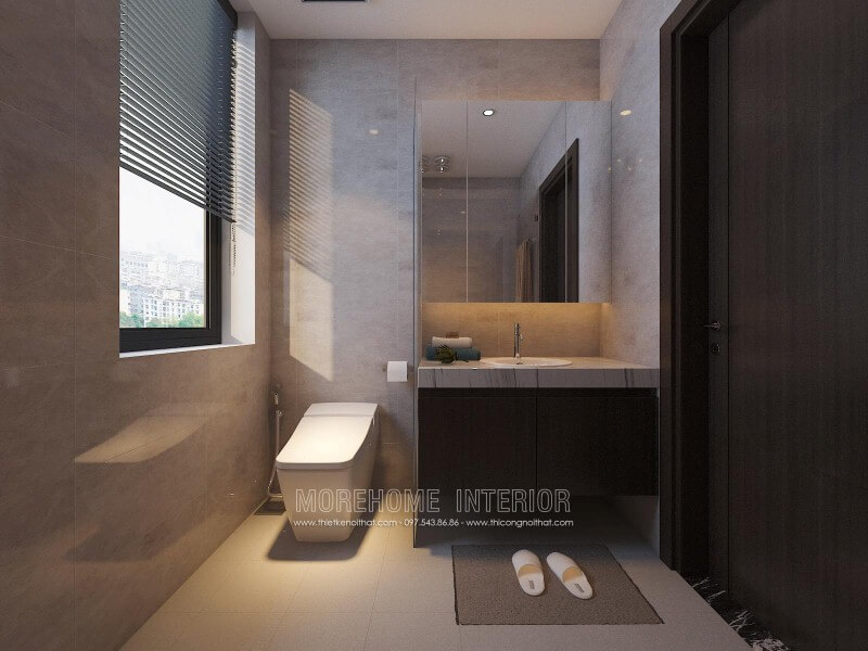 Tủ phòng tắm màu trầm kết hợp cùng mặt bàn đá lavabor cùng bố trí hiện đại giúp cho phòng tắm nhỏ trở nên đẹp, sang trọng và đầy tiện ghi. thiết kế biệt thự