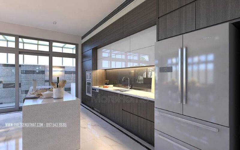 Bố trí nội thất phòng bếp hiện đại, sang trọng từ tủ bếp gỗ công nghiệp acrylic đồng màu cùng đá ốp cao cấp. thiết kế biệt thự
