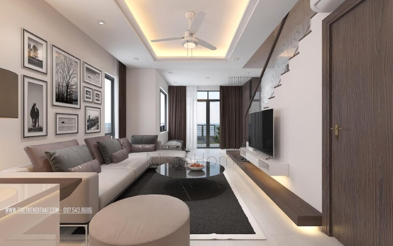 Sofa góc L bọc da cao cấp tạo điểm nhấn sang trọng cho phòng khách hiện đại. thiết kế biệt thự