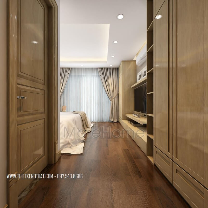 Thiết kế phòng ngủ nhà phố hiện đại với tông màu nâu sáng từ nội thất mang đến không gian phòng sáng và thoáng rộng hơn thiết kế biệt thự hiện đại