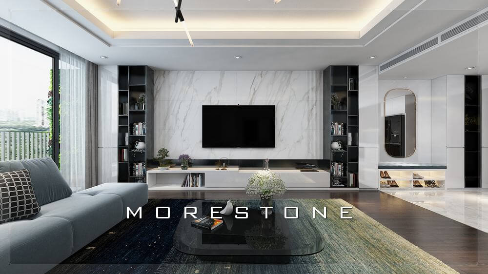 Thiết kế đá ốp vách tivi phòng cách trắng vân mây sang trọng thiết kế biệt thự hiện đại