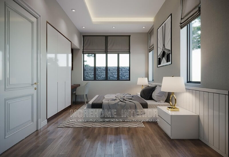 Tủ quần áo âm tường sơn trắng đẹp cho phòng ngủ hiện đại. thiết kế biệt thự hiện đại