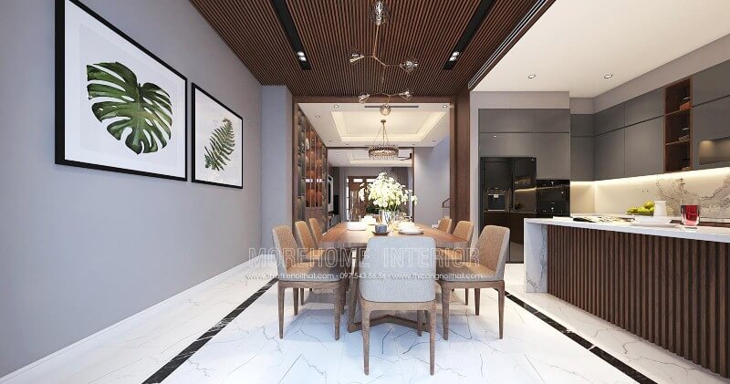 Bộ bàn ghế ăn 8 ghế gỗ óc chó cao cấp cùng chất liệu nệm bọc êm ái được trang trí tối giản giúp không gian trở nên thông thoáng nhưng không kém phần hiện đại, sang trọng. thiết kế biệt thự hiện đại