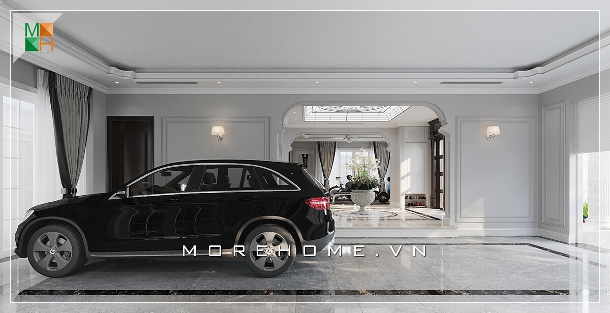 Mẫu thiết kế biệt thự hiện đại với gara để xe ô tô rộng nổi bật với tông màu trắng tinh tế thiết kế biệt thự hiện đại