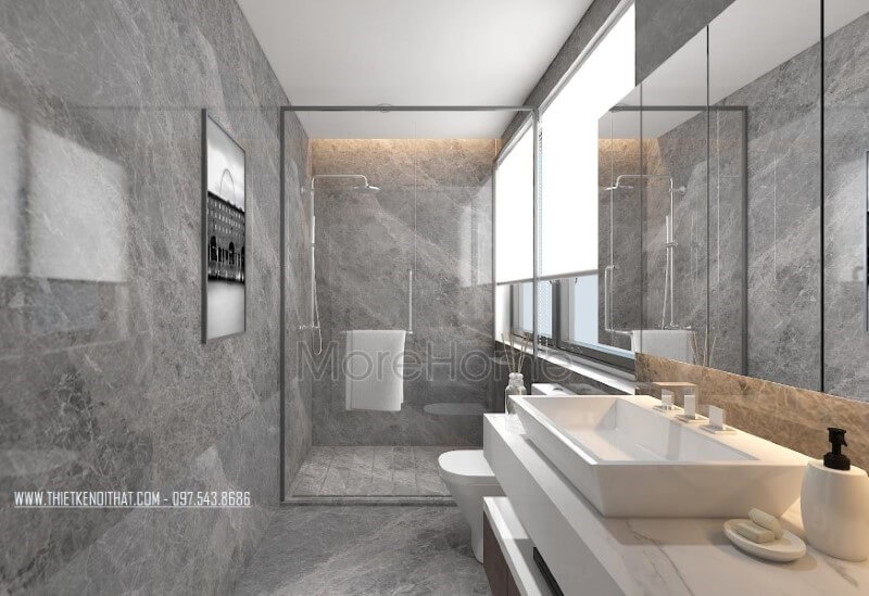 Phòng tắm hiện đại nổi bật với sắc trầm chủ đạo từ đá xám ốp tường cao cấp. thiết kế biệt thự hiện đại