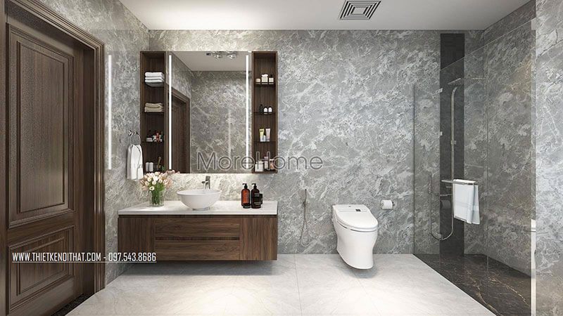 Mẫu kệ tủ đa năng được kết hợp với gương phòng tắm để tạo ra một thiết kế hoàn hảo.