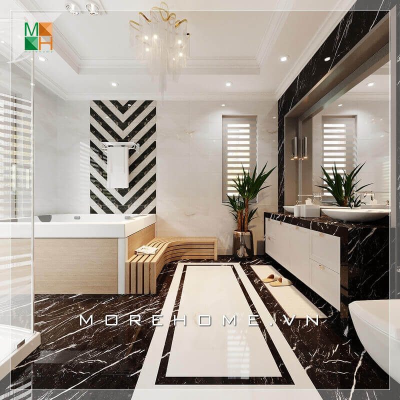 Sử dụng gương soi lớn để thiết kế nội thất của nhà tắm biệt thự hiện đại sẽ giúp tạo ra một không gian thông thoáng và sang trọng.