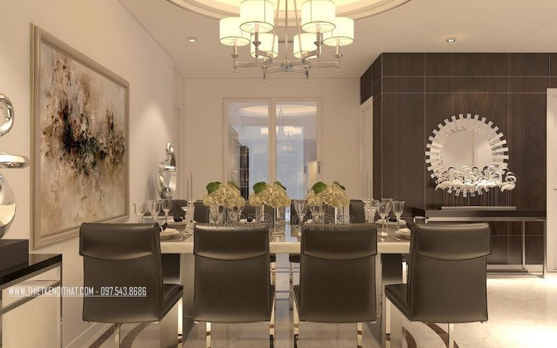 Phòng ăn chung của cư Thăng Long Number One có kiểu dáng cổ điển.